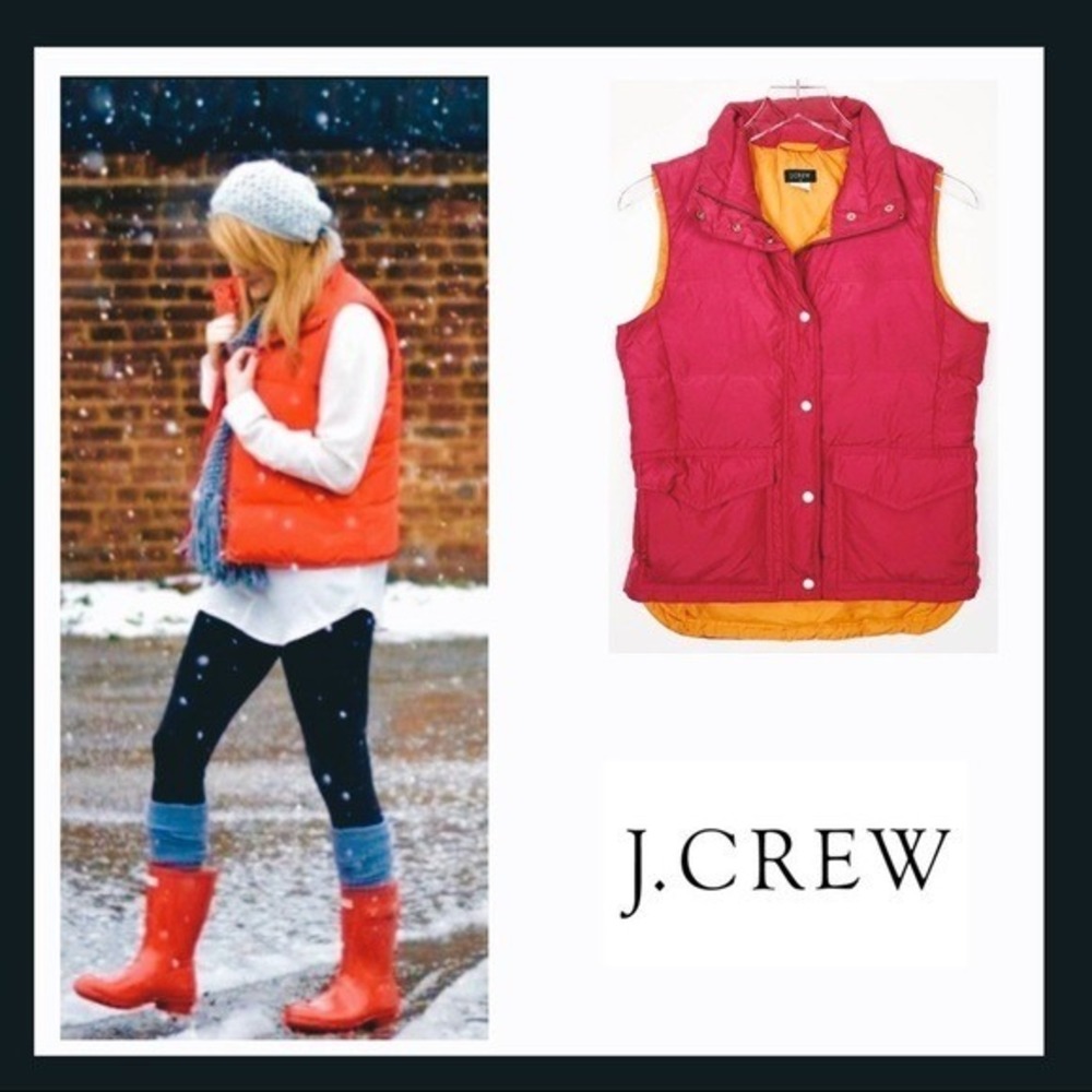 J.Crew Quilted Puffer Vest Bright Pink Orange Lined Snap Front Pockets Size M - Picture 2 of 12